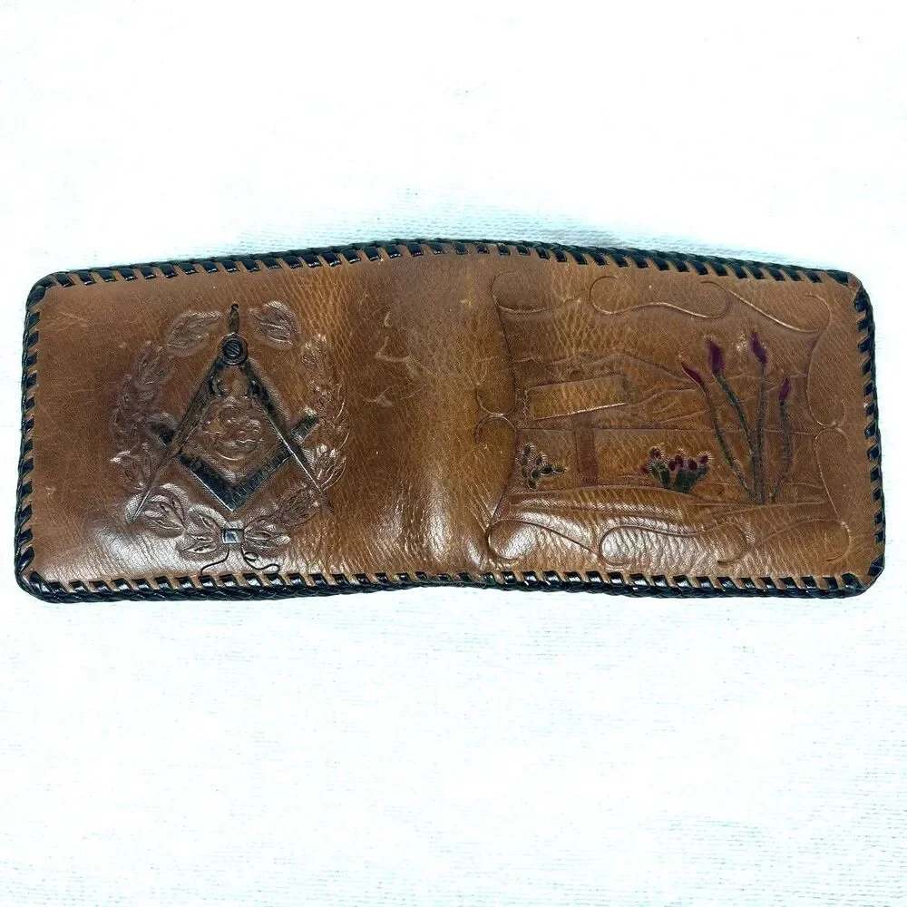 Vintage Hand-Tooled Leather Masonic Past Master Wallet - Blue Lodge